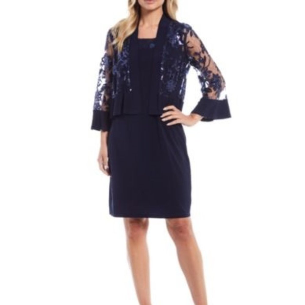 SOLD NWT R & M Richards Floral Sequin  3/4 Bell Sleeve 2-Piece Jacket Dress